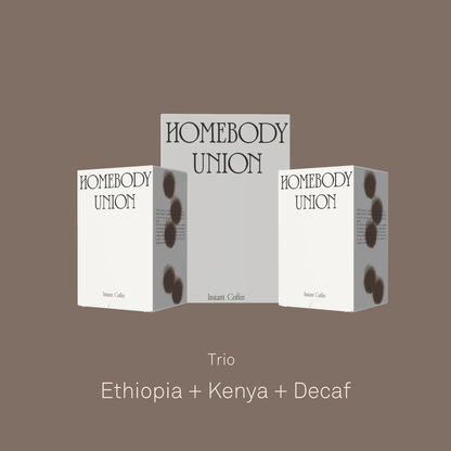Homebody Union specialty instant coffee trio bundle Ethiopia Kenya Decaf
